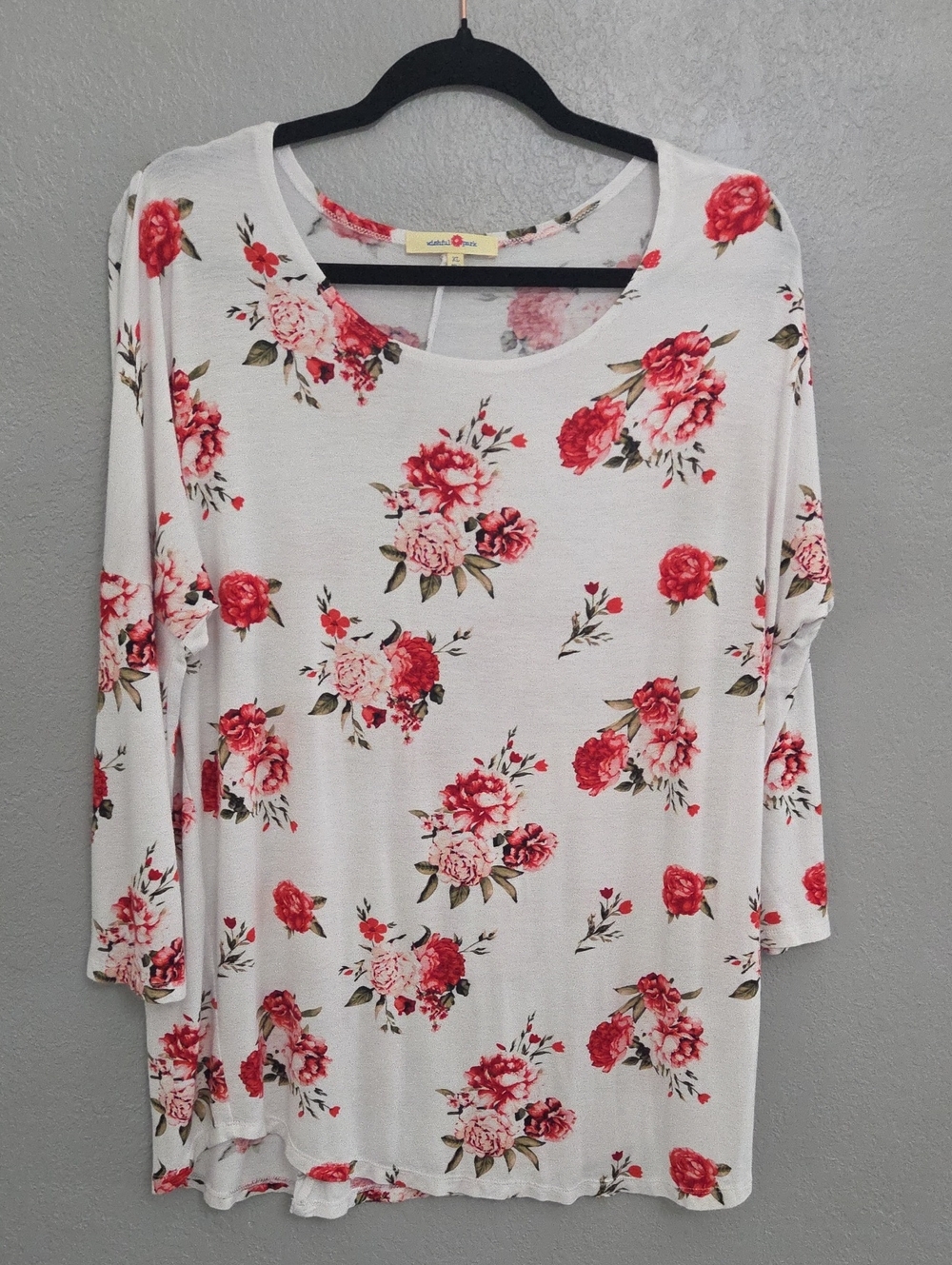 Wishful Park White Long Sleeve Top with Red Floral Print